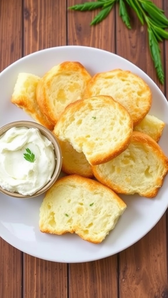 Fluffy cloud bread pieces on a plate with cream cheese spread, set on a rustic wooden table.